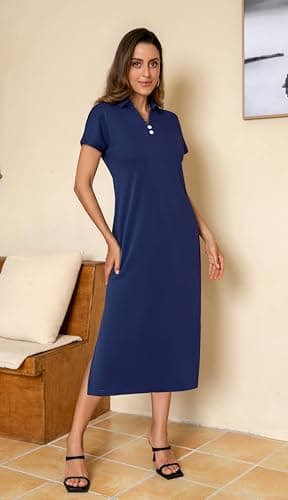 BEXIBOOM Women's Summer Maxi Dress, Cap Sleeve V Neck Collared Polo Shirt Dress with Pockets, Casual Long Dress for Beach Vacation Work Navy Blue-XL - Thumbnail 3
