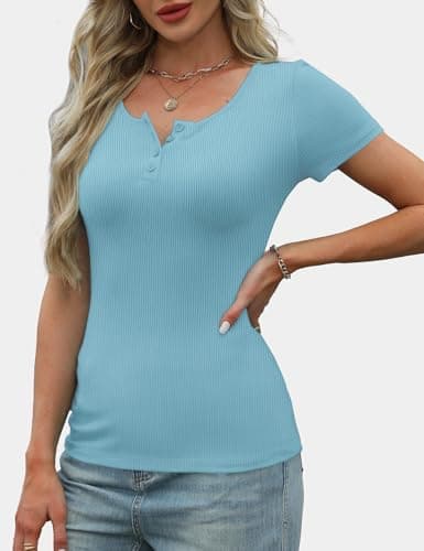 GKBK Summer Tops for Women 2025 Trendy Outfits Ribbed Short Sleeve T Shirts Fitted Tight Basic Tees Tshirts Dressy Casual Button Down Going Out Tops Light Blue S - Thumbnail 3