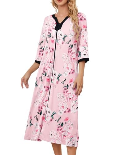 PITINAN Womens Robes Lightweight for Hospital Delivery House Coat Maxi House Dress Zip Up Bathrobe Leightweight Nightgown Long Sleepwear House Dress Caftan Pink Flower S - Image 1