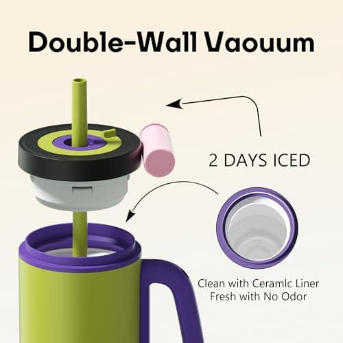 Sidagar Tumbler with Handle,36 oz Ceramic Lined Travel Mug Water Bottle with Straw,Vacuum Insulated Stainless Steel Cup with Lid,Fits Cup Holder, Leak Resistant Press-in Lid,Green - Thumbnail 4