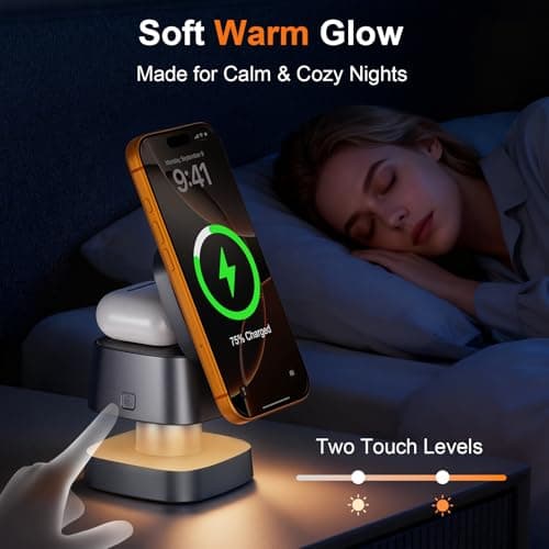 AIYUNDI 4 in 1 Wireless Charging Station for Apple Devices with Night Light, Mag-Safe Charger Stand, 15W Fast Charging for iPhone 17/16/15/14/13/12 Series, iWatch & AirPods(with USB-C Cable) - Thumbnail 3