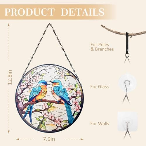 BYONIQUE Eastern Bluebird Stained Glass Suncatcher for Windows, 7.9-Inch Bird Decor with Cherry Blossoms, Bluebird Sun Catcher Gift for Bird Lovers, Symbol of Happiness and Good Luck - Thumbnail 3