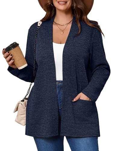 AusLook Women's Plus Size Lightweight Open Front Cardigan Dark Blue 4X Causal Long Sleeve Sweater Cover Ups Jacket Shrugs Tops Shawls and Wraps Kimono - Image 1
