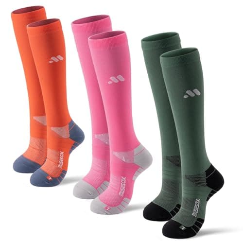 musesox Compression Socks for Women and Men,Knee High 15-20mmHg Graduated Support(3 Pairs) for Nurses,Travel,Green Raspberry Orange,Large - Image 1