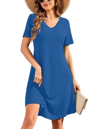 DEARCASE Summer Dresses for Women Royal Blue X-Large Short Sleeve V-Neck Casual Knee Length Wedding Guest T Shirt Dress Boho Flowy Swing Beach Vacation Party Comfy All-Day Mini Sundress - Image 1