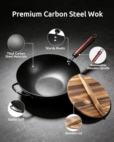 Wok Pan, Carbon Steel Wok, Woks & Stir-Fry Pans Nonstick, 13 Inch Wok Pan with Wooden Lid, Pre-Seasoned Carbon Steel Cookware, 5.8QT Flat Bottom Chinese Wok Paella Pan, Compatible with All Cooktops - Thumbnail 5