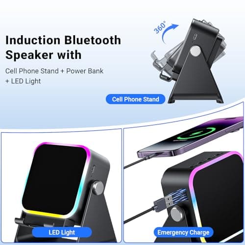 Induction Speaker with Phone Stand 5 in 1 Wireless Induction Bluetooth Audio for iPhone Android Phone Speakers Amplifier with Rechargeable Colorful Light, Birthday Gifts for Men Women Teens (Black) - Thumbnail 5