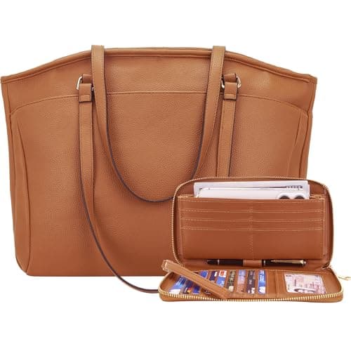 YZAOLL 15.6 Inch Laptop Tote Bag for Women,Water-resistant Vegan Leather with Anti-Scratch Padded Sleeve,Lightweight Multi-Pocket Work Bag for Business Travel,College,Office Essentials,Brown - Image 1