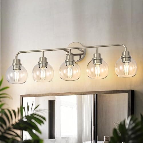 DORESshop 5-Light Bathroom Light Fixtures, 32.67-Inch Nickel Bathroom Vanity Light with Clear Glass Globe Shade, Modern Vanity Lights for Bathroom Living Room Hallway Bedroom, E26, ETL Listed
