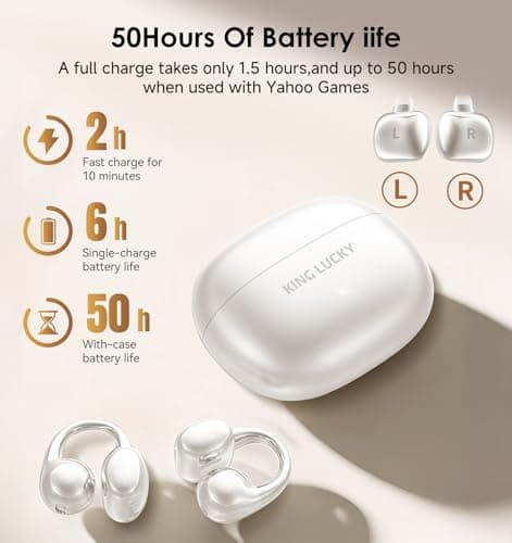 King Lucky Clip-On Earbuds Gen 3, Open-Ear Wireless Bluetooth 6.0 Headphones with Mic, Secure Fit for Small Ears & Glasses Wearers, 50H Playtime, ENC, IPX5 Waterproof Sport Ear Buds (Light White) - Thumbnail 6