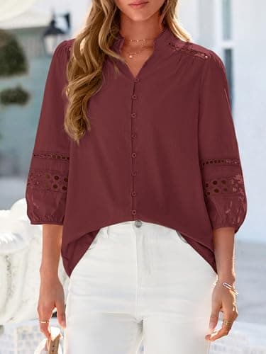 BTFBM Summer Tops for Women 2026 Eyelet Top 3/4 Length Sleeve Dressy Casual Blouses Spring Boho Button Down Shirts(Jujube Red, Large) - Thumbnail 6