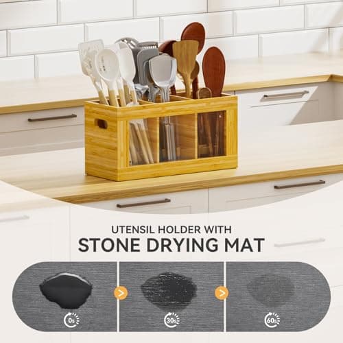 Yofidra Bamboo Utensil Holder & Silverware Organizer: Extra Large Cooking Holder with Absorbing Drying Stone and 6 Compartments Kitchen Countertop Storage Farmhouse Decor Accessories 11.8"X4.7"X5.9" - Thumbnail 2