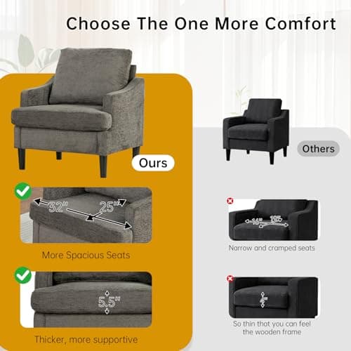 XYPFURN Accent Chairs Set of 2 for Living Room, Mid Century Modern Reading Chair with Side Storage Pocket, Comfy Upholstered Armchair with Solid Wood Legs for Bedroom, Office, Waiting Room (Gray) - Thumbnail 5