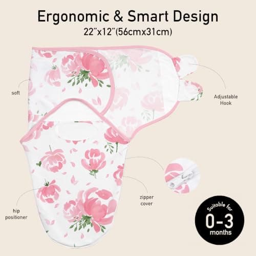 GLLQUEN BABY Baby Swaddle Sleep Sacks with Zipper - 3-Pack Newborn Swaddling Sack, Baby Swaddles Sleep Sack 0-3 Months,Pink Floral or Leaves, Swaddling Blankets 3 Pack Wrap Set, Easy Change Swaddle - Thumbnail 4