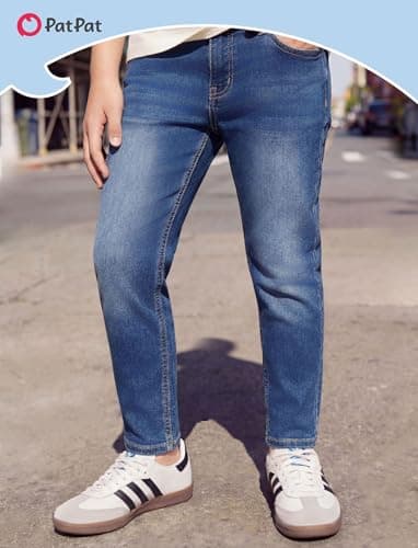 PATPAT Classic Boys Jeans, High Cotton Content Straight Leg Jeans for Boys, Elastic Baggy Pants for Growing Child, Husky Pants with Pockets, Size 6 Blue - Thumbnail 2