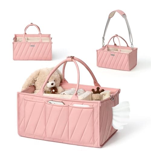 VKSAO Pink Diaper Caddy Organizer – Portable Storage Basket with Shoulder Strap & Stroller Hooks, Splashproof Quilted Nursery & Car Tote for Baby Girl Shower Gift, Baby Registry, Blush Pink