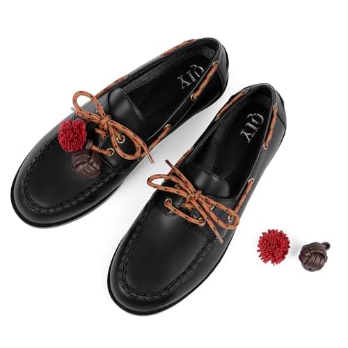 QIY Black Womens Loafers Flat Loafer Pumps for Women Lace Up Detachable Decorative Fringe Ball Loafers Business Formal Work Shoes Size 7.5 - Thumbnail 5