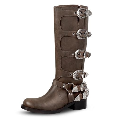 LeunDen Dark Brown Women's Knee High Riding Boots, Motorcycle Boots with Square Toe Chunky Heel Fashion Buckles Tall Biker Boots Size 8 - Image 1