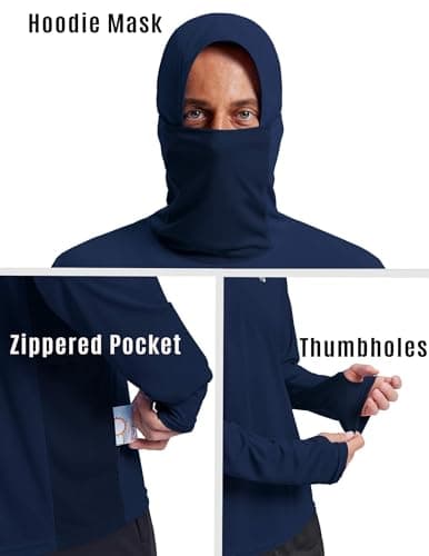 PINSPARK UPF 50+ Men Long Sleeve Sun Shirts Hoodie with Mask Protection Fishing UV Rash Guard Lightweight Quick Dry Navy Blue - Thumbnail 5