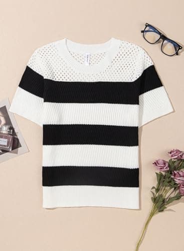 Dokotoo Womens Crewneck Tops Summer Casual Color Block Short Sleeve Blouses for Women 2026 Fashion Striped Knit Tops for Women Trendy T-Shirts Top White Medium - Thumbnail 6