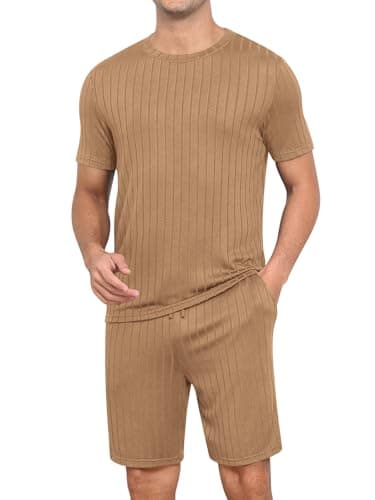 RQP Mens Lounge Set Ribbed Knit Pajamas Set 2 Piece Short Set Summer Soft Sleepwear,Khaki - Image 1