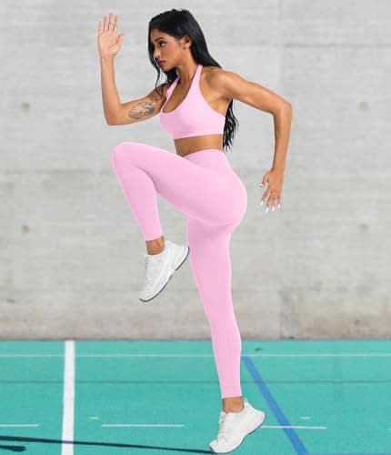 YOAKUKA Women's Seamless Leggings High Waisted Compression Workout Leggings Tummy Control Yoga Pants Baby Pink - Thumbnail 3