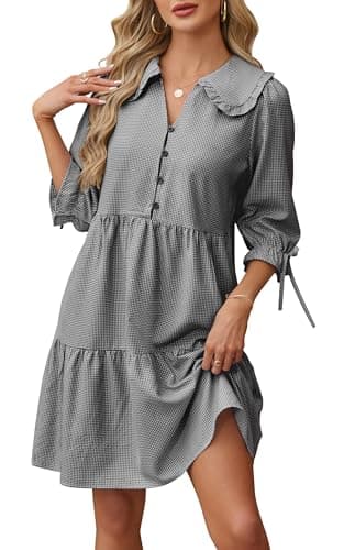 Women's Summer Dresses Casual V Neck Button Down 3/4 Sleeve Floral Print Loose Flowy Shirt Dress 217 B L - Image 1