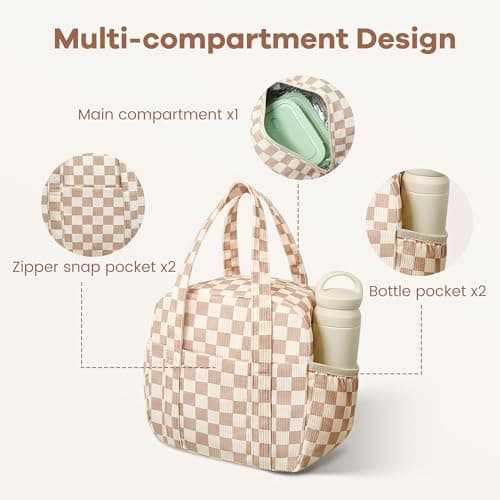 Yarnic Lunch Bag Women Insulated, Large Corduroy Lunch Box for Work with Bottle Pockets, Stylish Reusable Cooler Tote for Adults Teachers Picnic (Checkered Brown) - Thumbnail 4