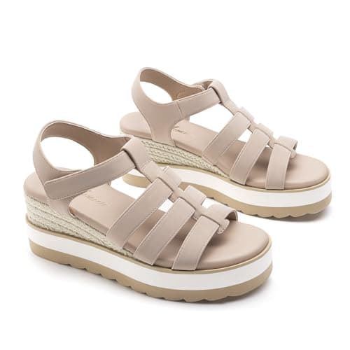 Athlefit Espadrille Low Wedge Sandals for Women Comfortable Casual Open Toe Platform Sandals for Summer Beach Vacation Nude, Size 9.5, SAPS2612W - Thumbnail 6
