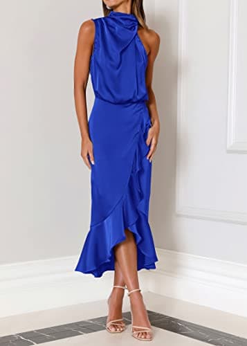 KIRUNDO Women 2026 Spring Summer Satin Mock Neck Wedding Guest Party Cocktail Midi Dress Sleeveless Wrap Ruffle Formal Dress(Brilliant Blue, X-Large) - Thumbnail 2