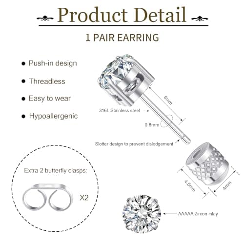 Hypoallergenic Threadless Flat Back Earrings,1 Pairs Cartilage Stud for Women Men Titanium Post 20G None Screw Easy Push in Gold Black Silver Stainless Steel Flatback with CZ 3-8mm (Silver Stud, 5mm) - Thumbnail 4