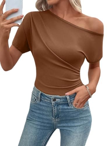 SHEWIN Womens Tops Casual Crew Neck Short Sleeve Shirts for Women Lightweight Cute Womens Summer Tops Pullover Going Out Tops for Women,(US 20-22) 2XL,Chestnut - Image 1