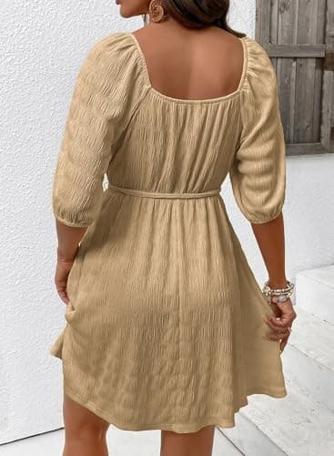 Dokotoo Dresses for Women 2026 Elegant Textured Tie Waist Button Backless Dress Short Lantern Sleeve Square-Neck Ruffle Summer Khaki Dress Plus Size A Line Dresses Small - Thumbnail 3