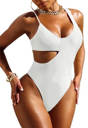 Pink Queen One Piece Swimsuit for Women Cutout Spaghetti Strap High Leg Monokini Bathing Suit Bikinis White L - Image 1