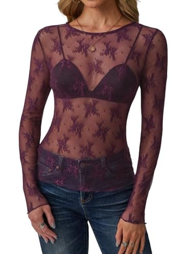 GKBK Womens Mesh Long Sleeve Tops Crew Neck Sexy See Through Tee Dressy Casual Shirts Party Club Night Lace Blouse Western Wear Outfit Clothes Going Out Clothing Burgundy XL - Thumbnail 2