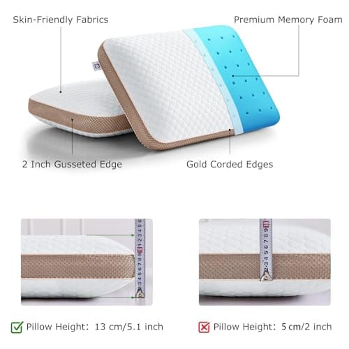 Sofslee Memory Foam Pillows Standard Size Set of 2, Medium Firm Pillow for Sleeping, Orthopedic Bed Pillow for Side, Back Sleepers, Ventilated Gel Foam Pillow with Washable Cover, 23.6" x 15.7"x 5.1" - Thumbnail 3