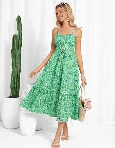 GRACE KARIN 2026 Women's Spaghetti Vacation Sundress Summer Beach Flowy Boho Floral Maxi Dresses with Pockets Green Blue Floral XL - Thumbnail 3
