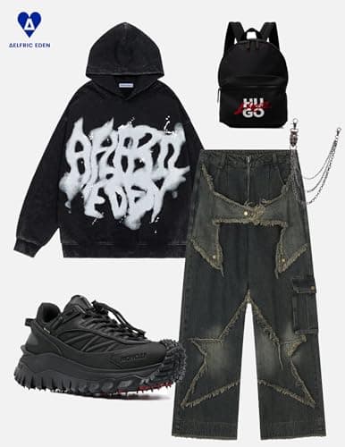 Aelfric Eden Graphic Hoodies Abstract Print Washed Hoodie Long Sleeve Acid Washed Hooded Sweatshirts Trendy Y2k Tops Black - Thumbnail 2