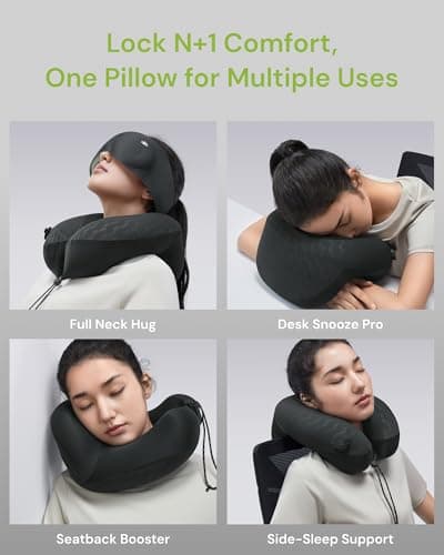 BENEUNDER Travel Neck Pillow for Airplane, Inflatable Compact 360°Head Support Pillow, Comfortable Breathable Cover for Travel, Train,Car with Storage Bag, Black - Thumbnail 5