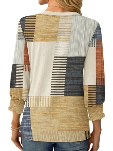 GKBK Womens 3/4 Sleeve Shirts V Neck Dressy Casual Spring Summer Blouses with Smocked Cuffs - Thumbnail 3