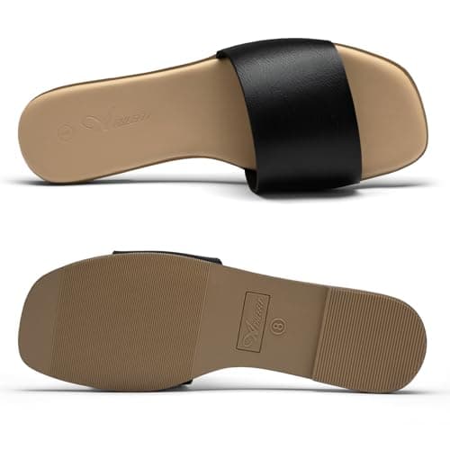 Athlefit Black Flat Sandals for Women Square Toe Comfortable Slip On Summer Beach Casual Slide Sandals Size 7.5 - Thumbnail 5