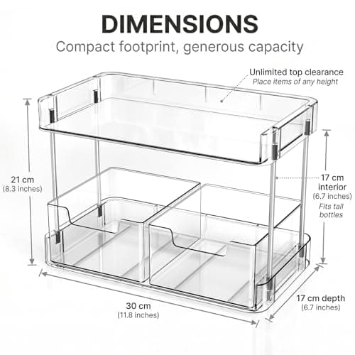 JessLab Clear Makeup Organizer, 2-Tier Vanity Storage with Removable Drawers, Large Capacity Cosmetic Rack for Tall Bottles, Perfume, Lipstick, Bathroom Countertop - Thumbnail 3