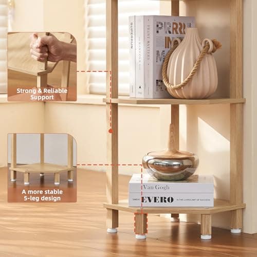 YUFAM 4-Tier Corner Shelf with Sturdy 5-Leg Base, 41in Tall Narrow Bookcase for Small Spaces, Wooden Plant Display Shelf, Thin Bookshelf for Living Room, Bedroom, Office, Natural - Thumbnail 4