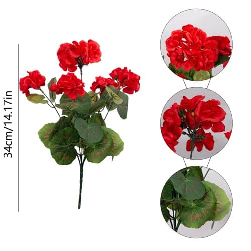 BSMYBO 6PCS Artificial Geraniums Outdoor Flowers, Faux Red Geraniums Artificial Flowers Plants Outdoor UV Resistant Plants, Realistic Silk Flowers for Cemetery, Front Porch Decor, Table Centerpiece - Thumbnail 4
