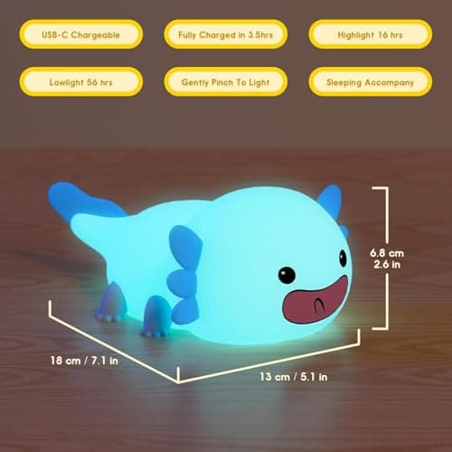 UNEEDE Axolotl Night Light for Kids, Animal Silicone Nursery Night Lamp, Rechargeable Table Lamp Bedside Lamp, Cute Room Decor Night Light for Bedroom Living Room Desk Kawaii Toys Valentines Day Gifts - Thumbnail 6