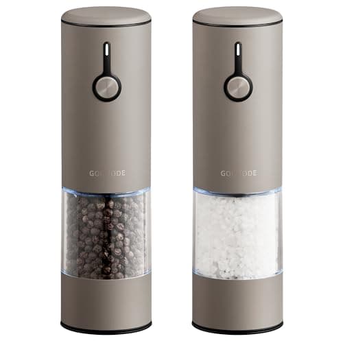 Stainless Steel Rechargeable Electric Salt and Pepper Grinder Set, USB Charging with Dust Cover, 6 Adjustable Grinding Modes + LED Light 2pack，Brown
