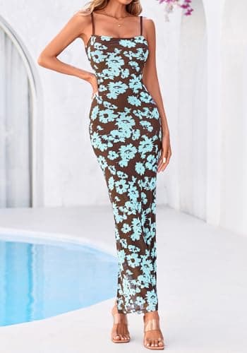 BTFBM Womens Maxi Dress 2026 Spring Floral Sexy Spaghetti Straps Sleeveless Bodycon Summer Beach Wedding Guest Dresses(Floral Blue, XX-Large) - Thumbnail 2