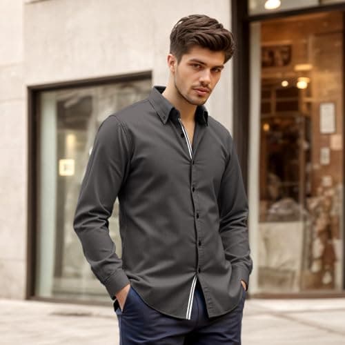 Men's Shirt Casual Stylish Long Sleeve Untucked Button Down Shirt Winter Spring Mens Dress Shirts Dark Gray - Thumbnail 2