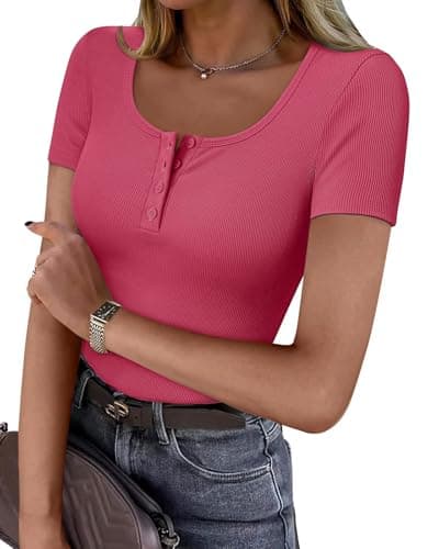 GKBK Women’s Short Sleeve Henley T Shirts Button Down Slim Fit Tops Scoop Neck Ribbed Knit Shirts Hot Pink S - Image 1
