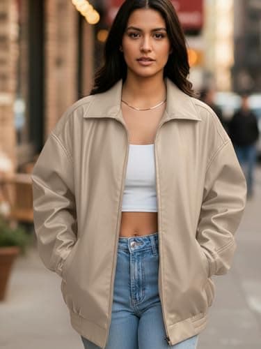 hathne Women's Oversized Leather Jackets Faux Zip Up Fall Fashion Motorcycle Jackets Coats Winter Clothes(Beige,S) - Thumbnail 5